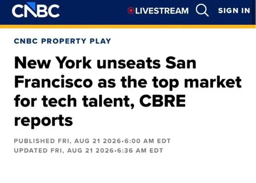 New York Overtakes the Bay Area as America's Largest Tech Talent Market for the First Time in 13 Years